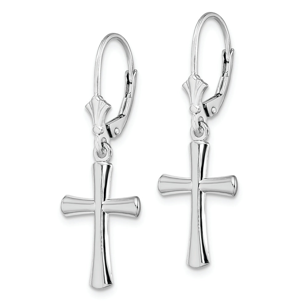 Sterling Silver Rhod-plated Polished Beveled Latin Cross Leverback Earrings