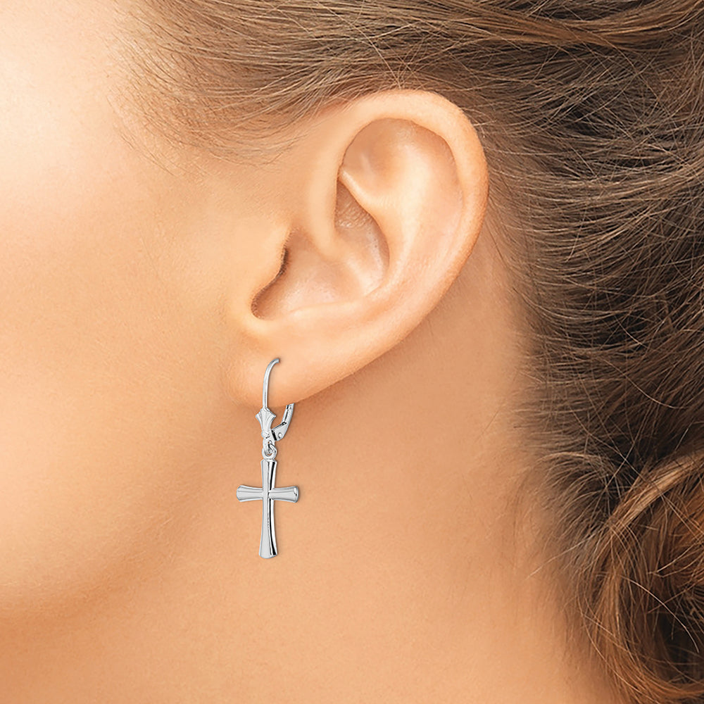 Sterling Silver Rhod-plated Polished Beveled Latin Cross Leverback Earrings
