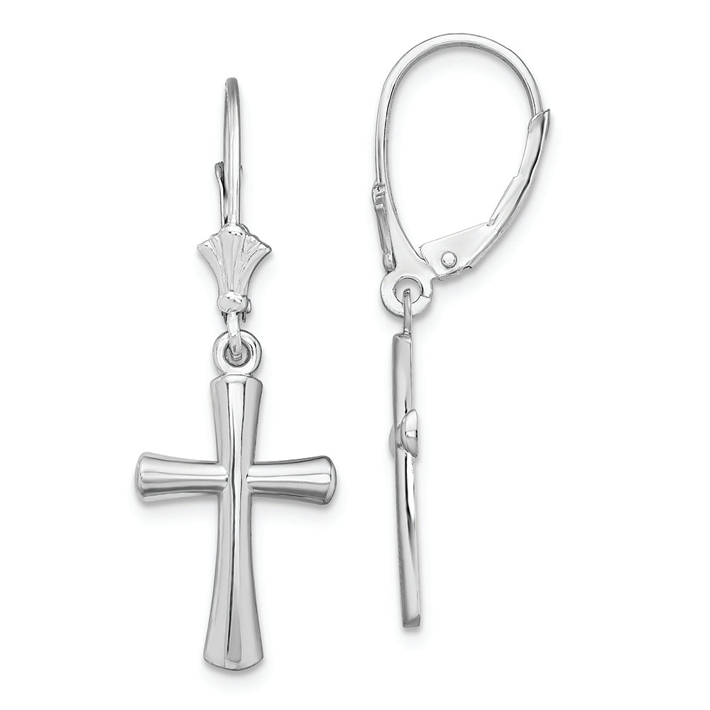 Sterling Silver Rhod-plated Polished Beveled Latin Cross Leverback Earrings