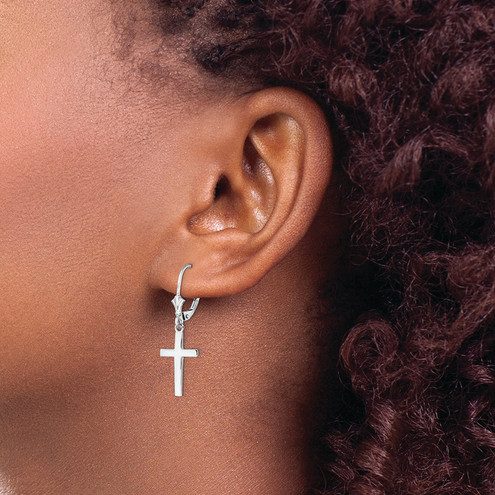 Sterling Silver Rhodium-plated Polished Latin Cross Leverback Earrings