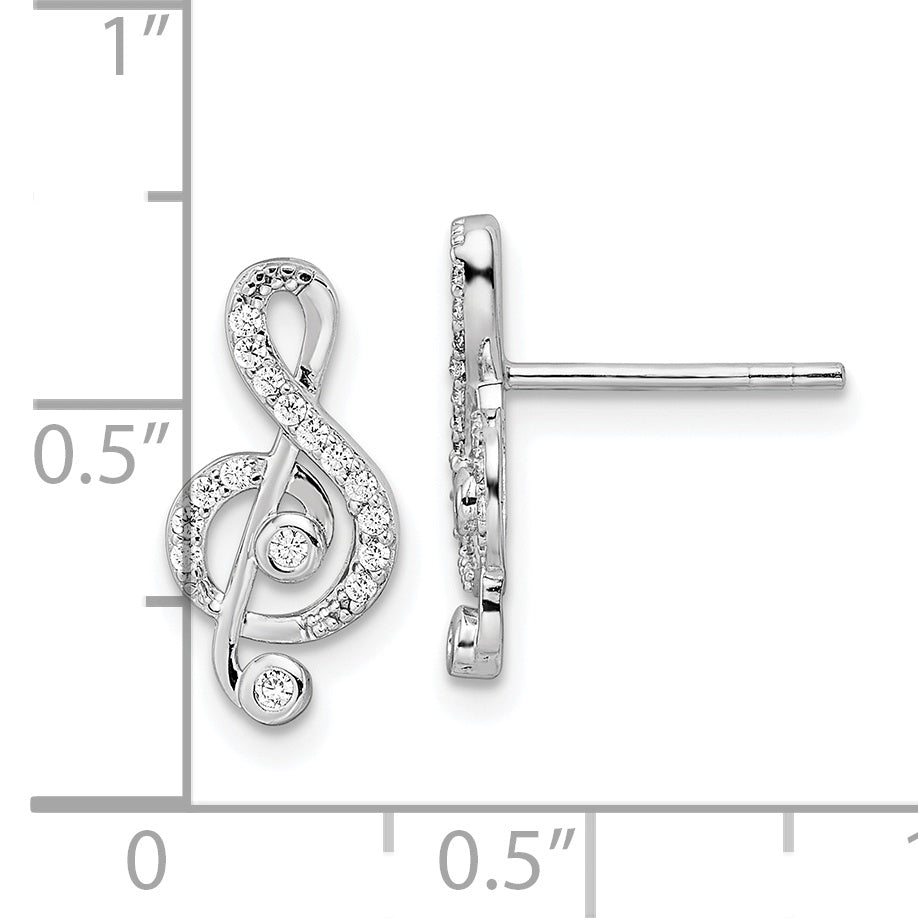 Sterling Silver Rhodium-plated CZ Treble Clef Post Earrings