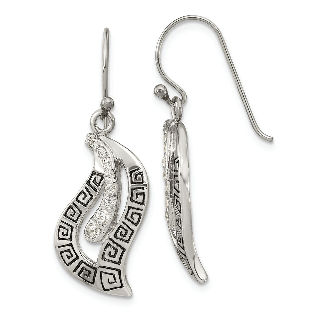 Sterling Silver Antiqued CZ Greek Key Leaf Shepherd Hook Earrings