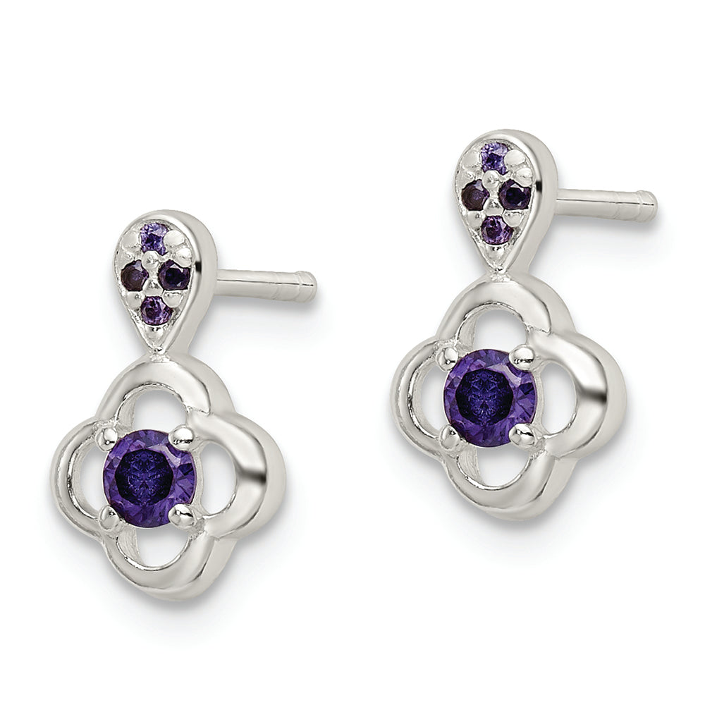 Sterling Silver Polished Purple CZ Flower Post Dangle Earrings