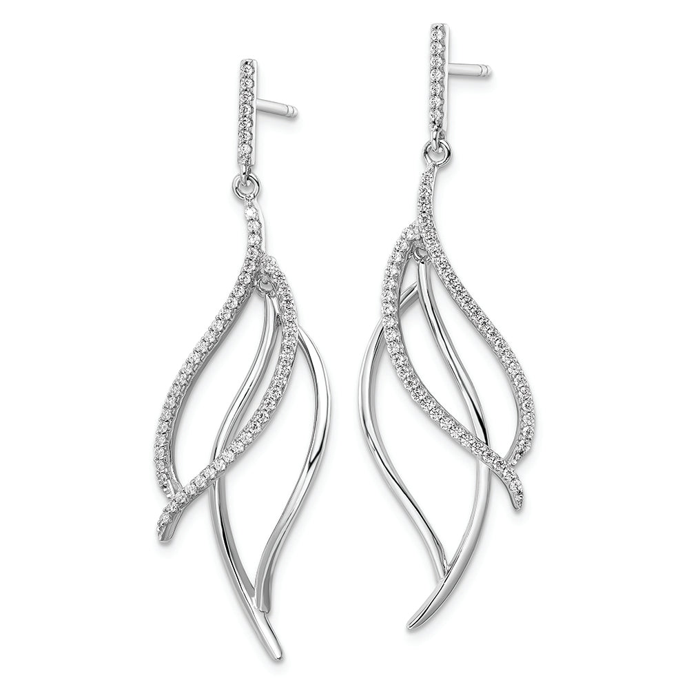 Sterling Silver Rhodium-plated CZ Dangle Leaf Earrings