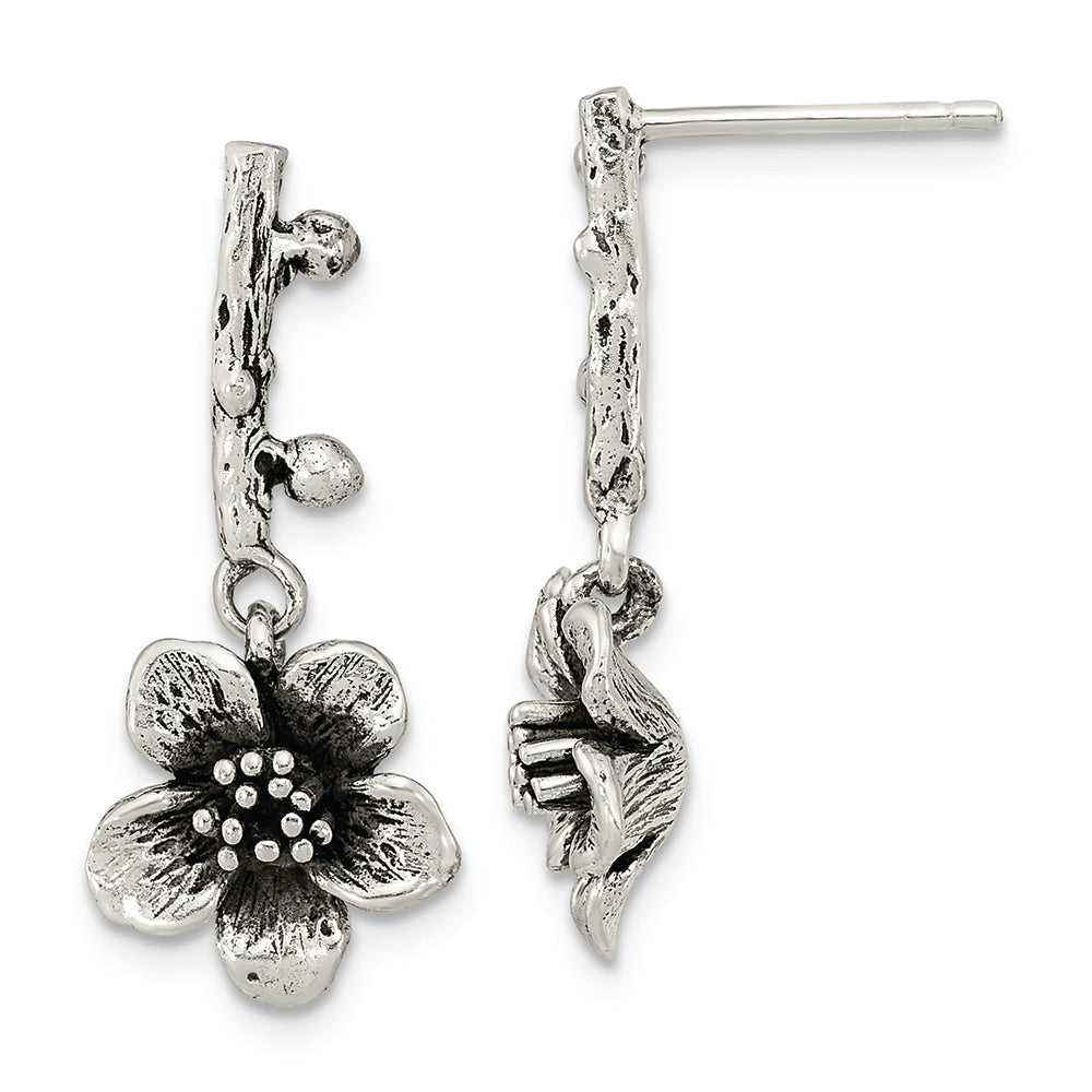 Sterling Silver Oxidized Flower w/Branch Dangle Post Earrings