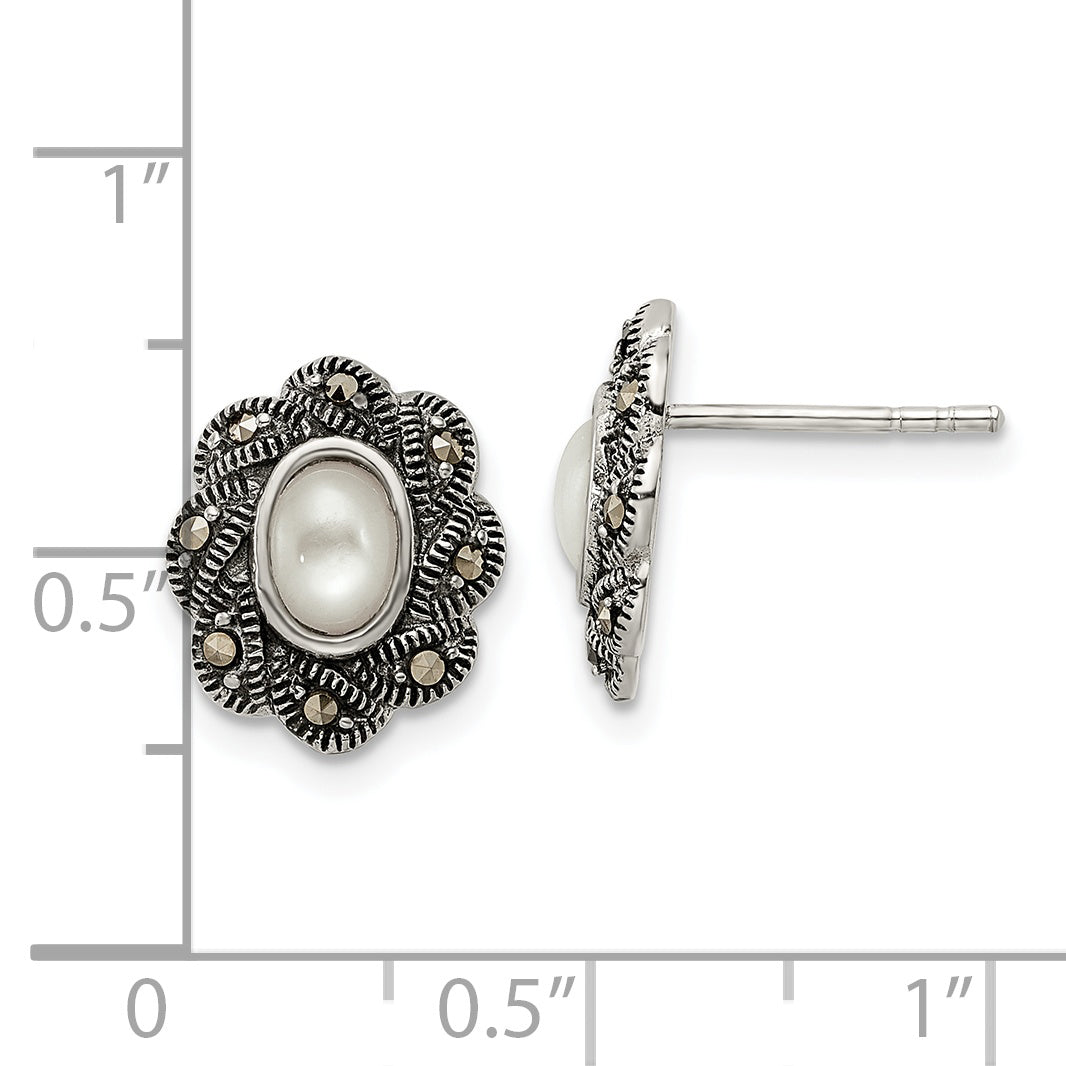 Sterling Silver Antiqued Marcasite & MOP Post Earrings
