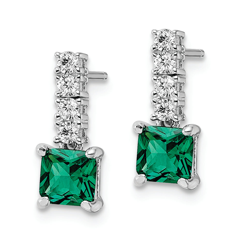 Sterling Silver Polished Rhodium-plated Green/Clear CZ Post Dangle Earrings