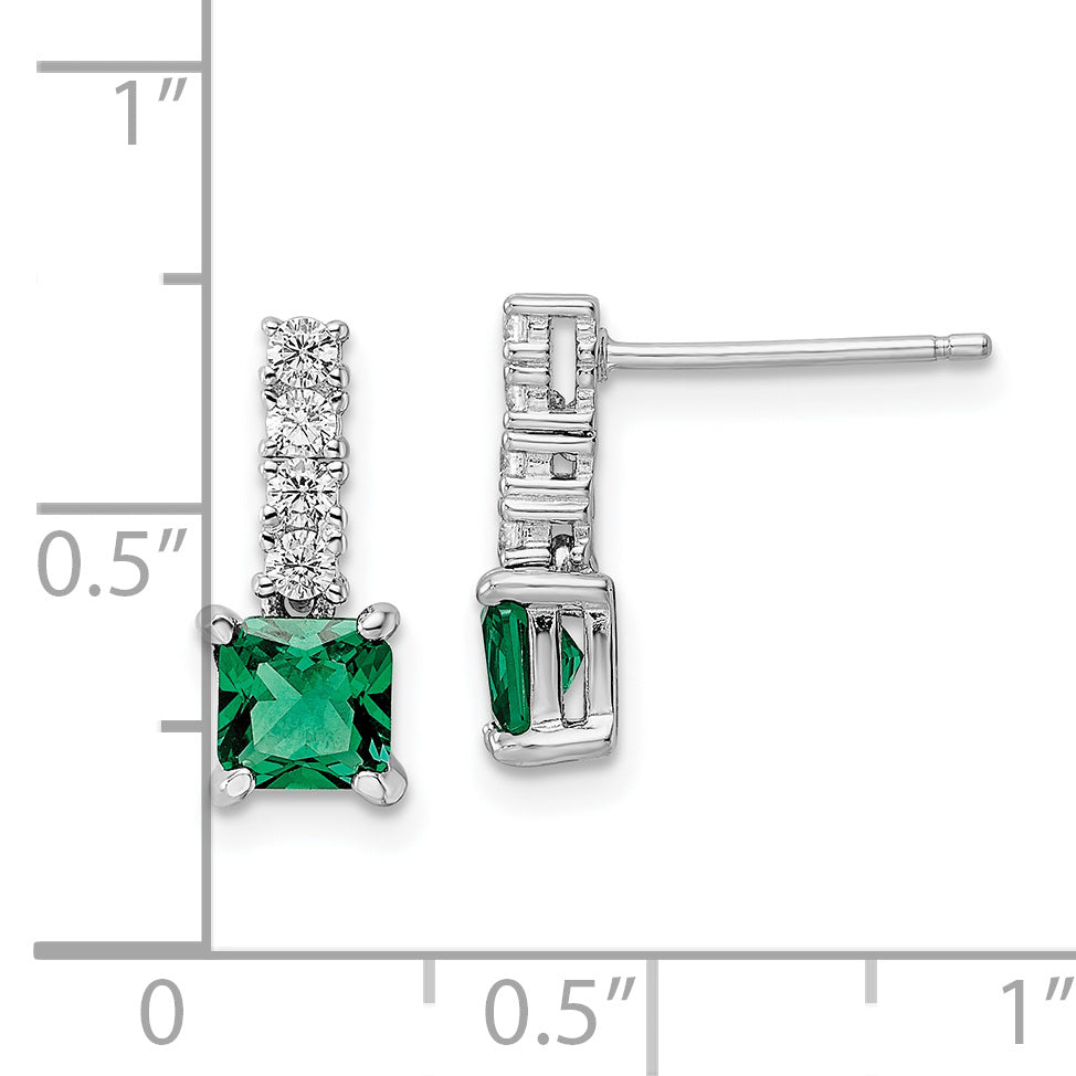 Sterling Silver Polished Rhodium-plated Green/Clear CZ Post Dangle Earrings