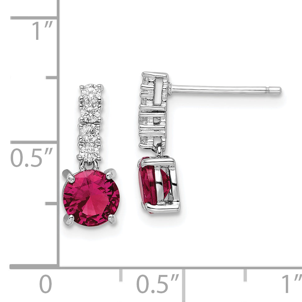 Sterling Silver Rhodium-plated Created Ruby and CZ Post Dangle Earrings