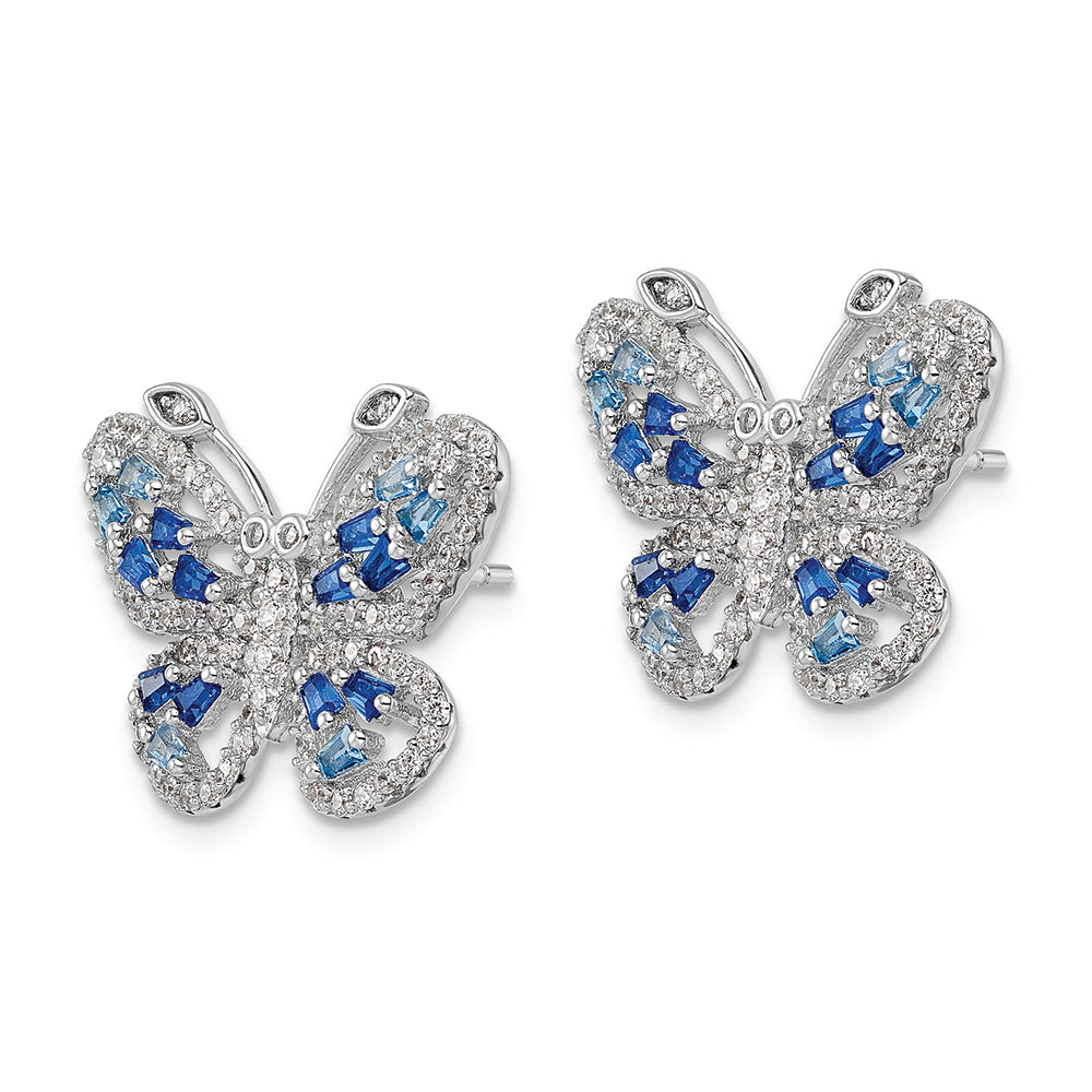 Sterling Silver RH-plated Polished Blue & Clear CZ Butterfly Post Earrings