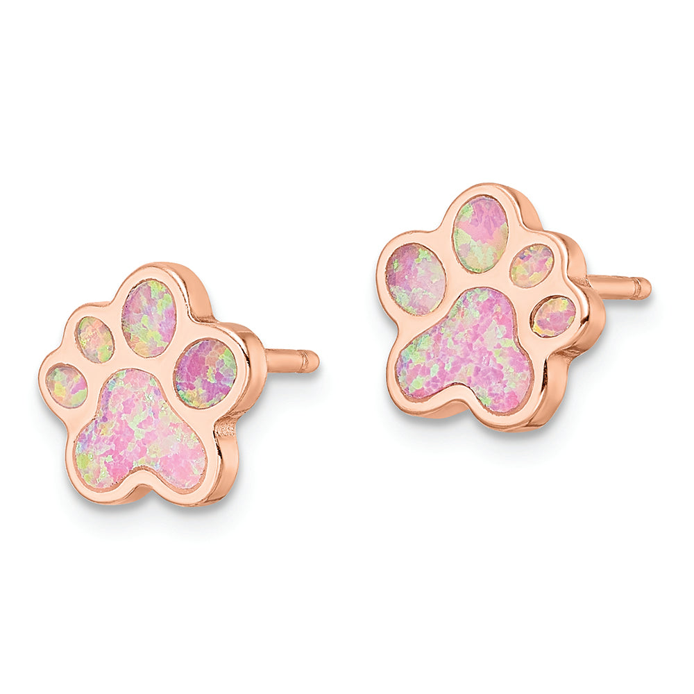 Sterling Silver Rose-tone Created Opal Inlay Pawprint Post Earrings
