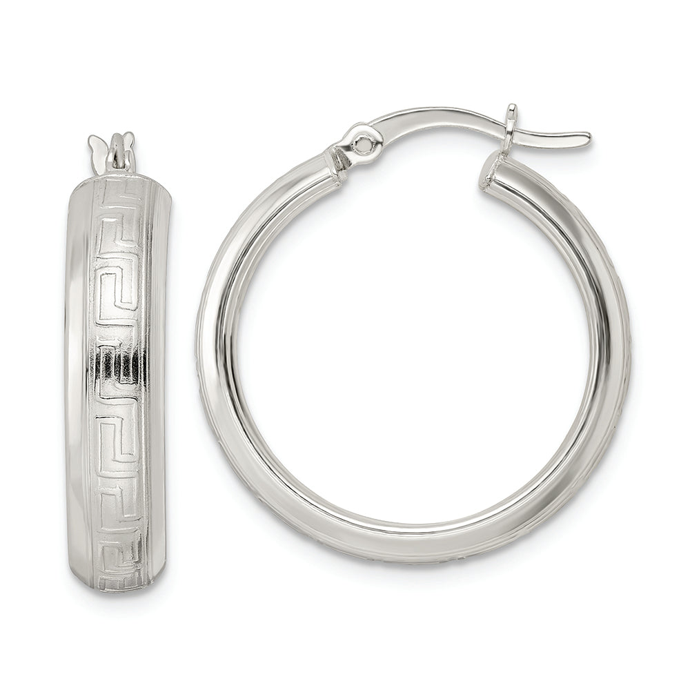 Sterling Silver Polished Greek Key Circle Hoop Earrings