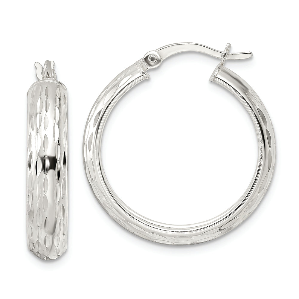 Sterling Silver Polished Diamond-cut 5x25mm Hoop Earrings