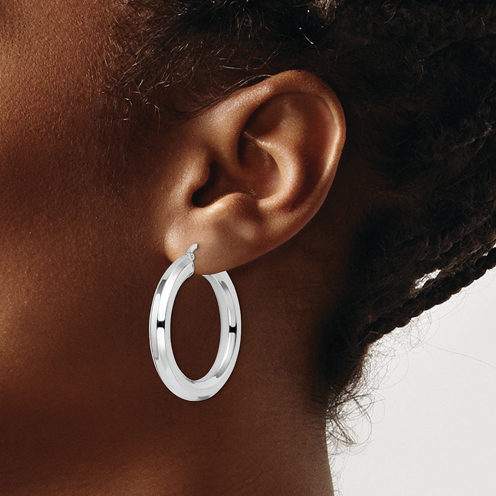 Sterling Silver Rhodium-plated 5x34mm Octagon Tube Hoop Earrings