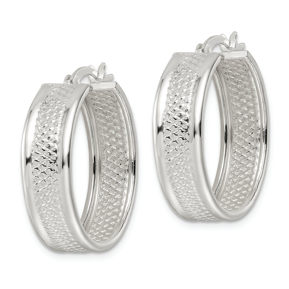 Sterling Silver Polished Textured 7.5x25mm Hoop Earrings