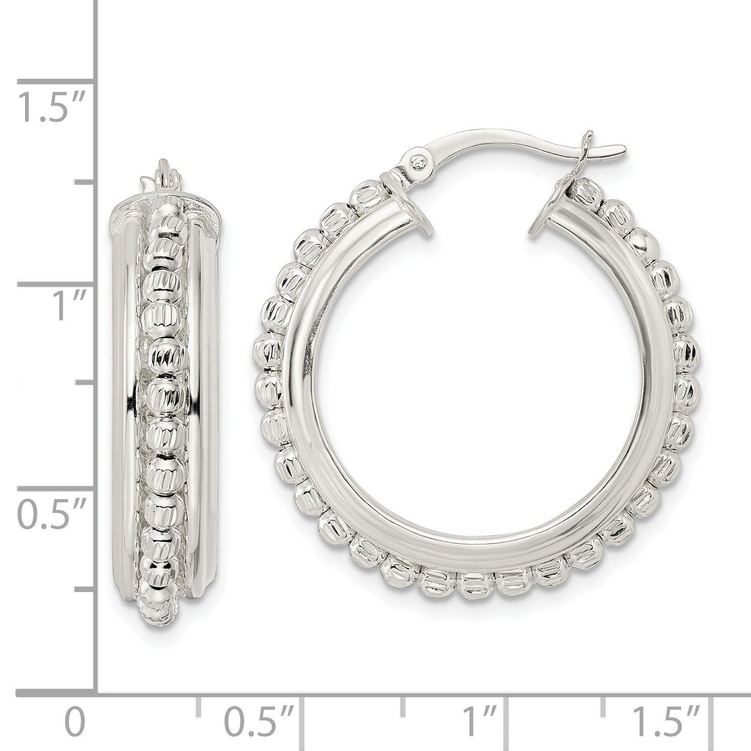 Sterling Silver Polished and DIamond-cut Beaded Hoop Earrings