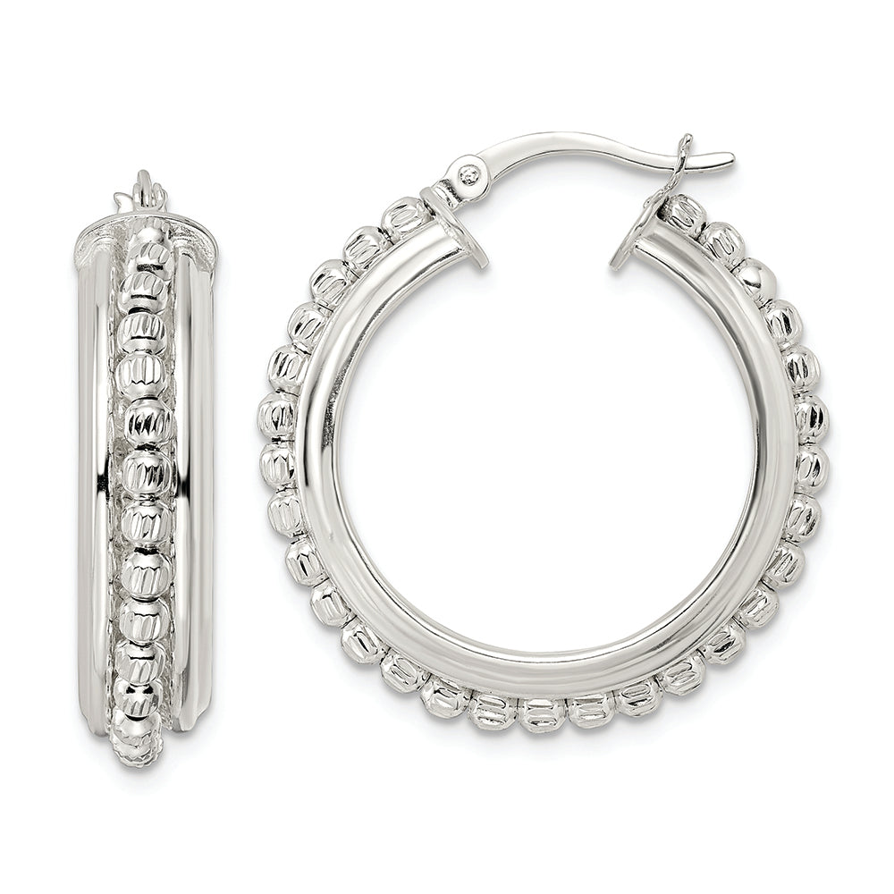 Sterling Silver Polished and DIamond-cut Beaded Hoop Earrings