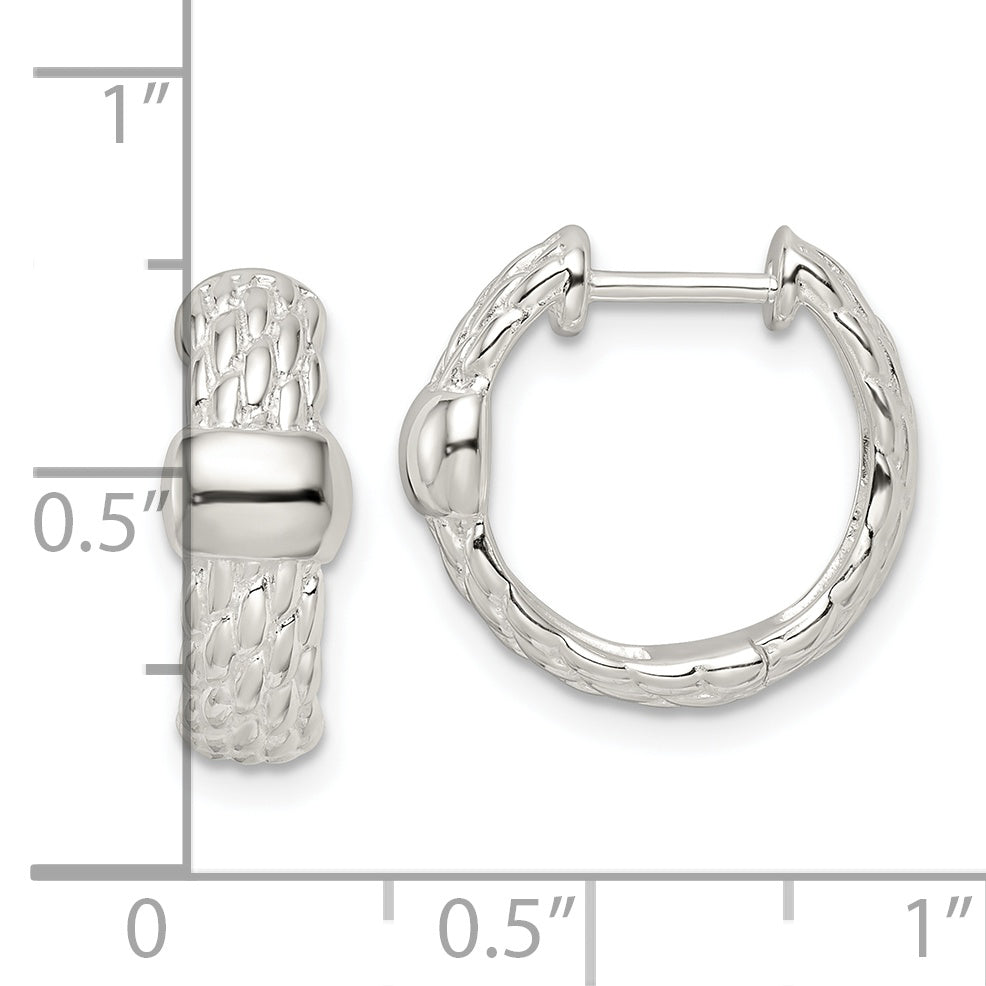 Sterling Silver Polished Basket Weave Hinged Hoop Earrings