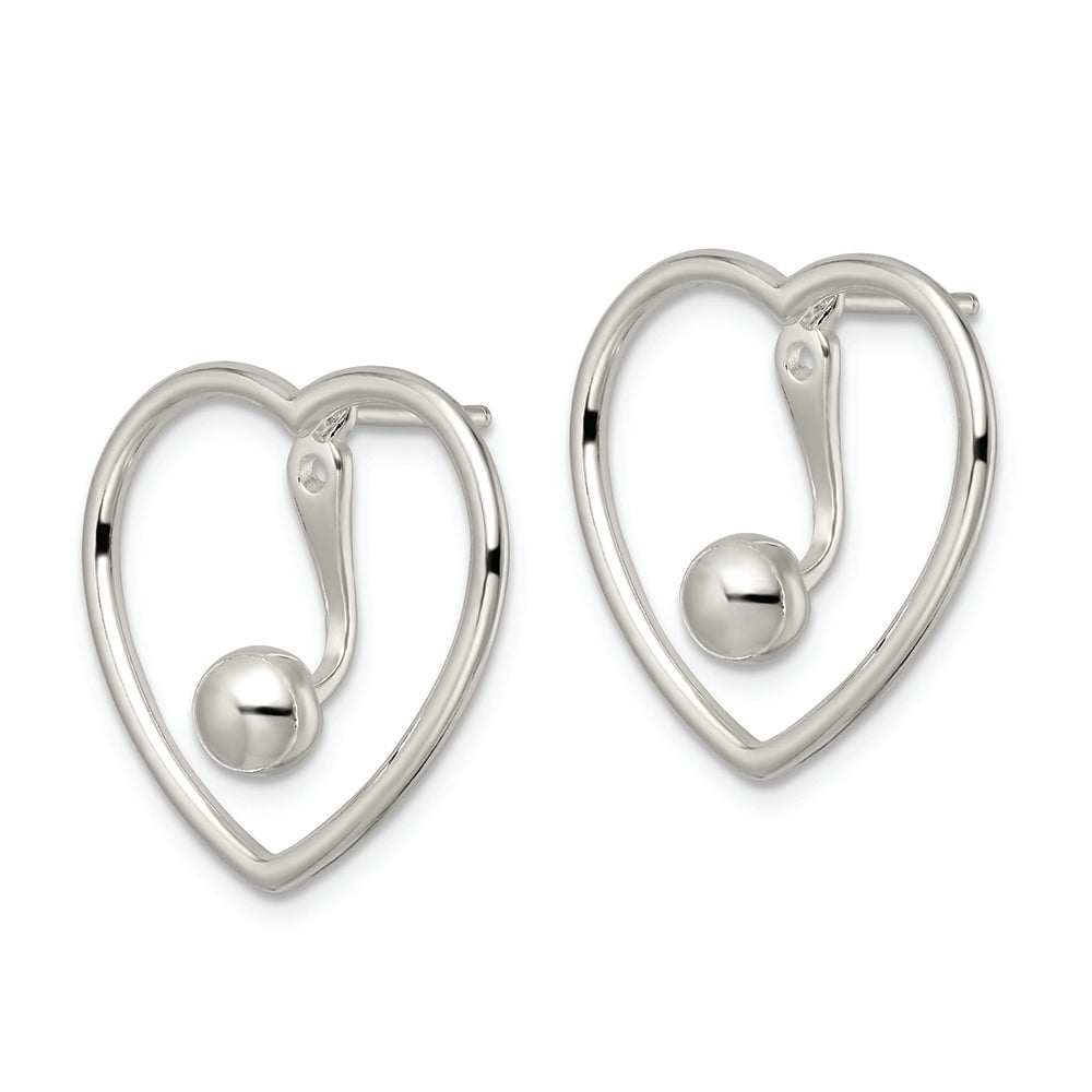Sterling Silver Polished Heart w/Drop and Dangle Ball Threader Post Earring