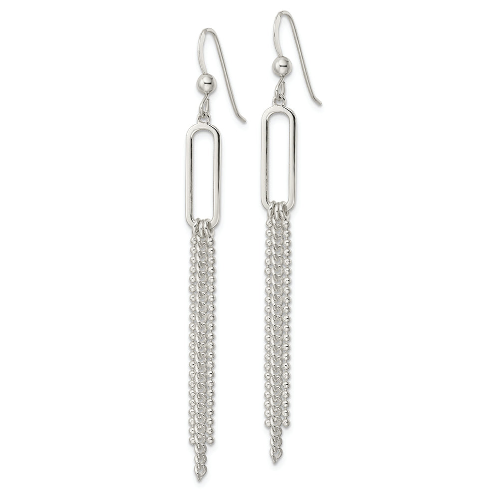 Sterling Silver Polished Oval and Multi-Strand Beaded Chain Dangle Earrings