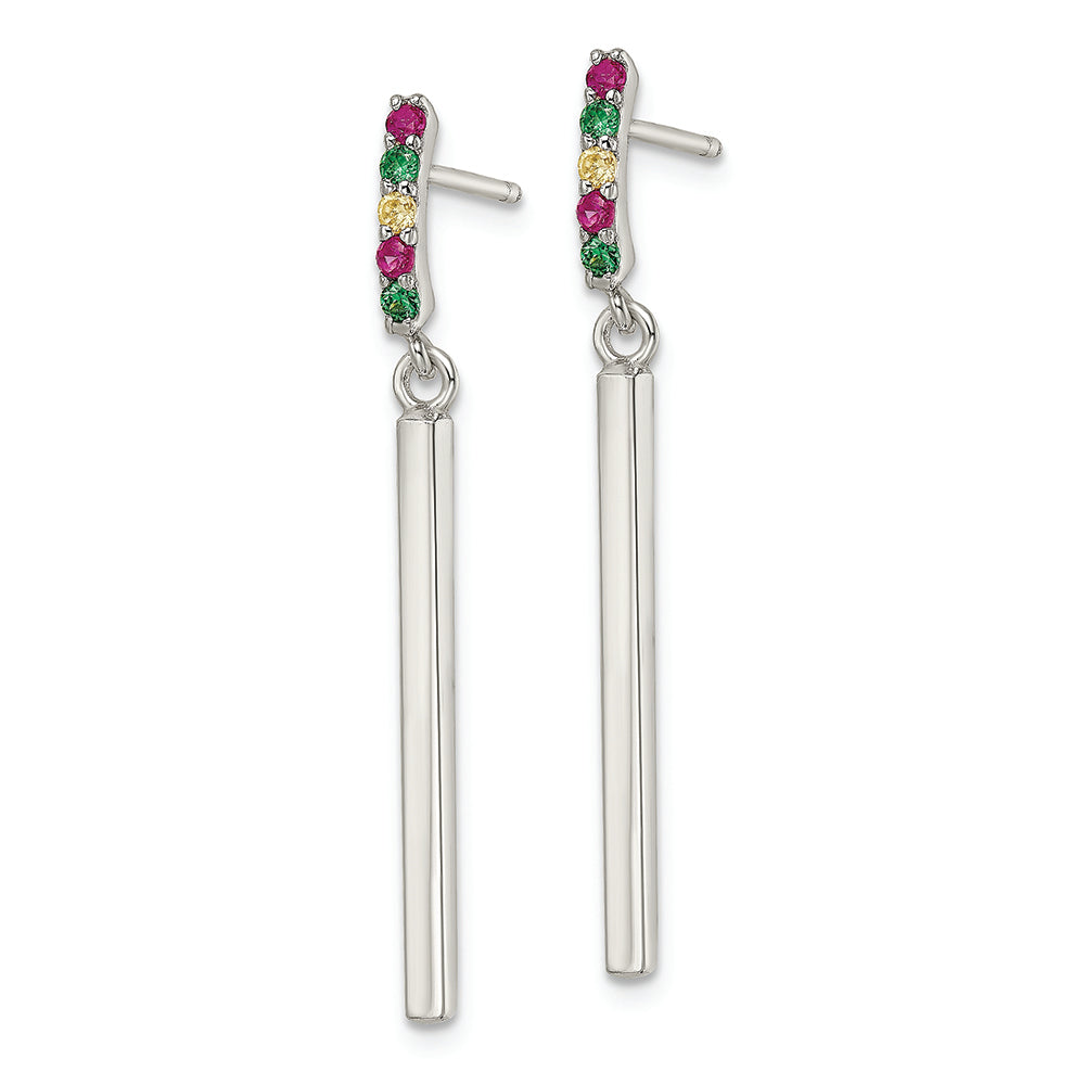Sterling Silver Red/Green/Yellow CZ Dangle Bar Post Earrings