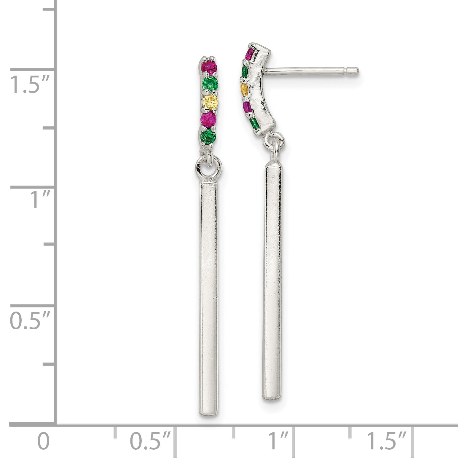 Sterling Silver Red/Green/Yellow CZ Dangle Bar Post Earrings