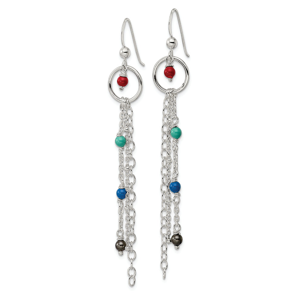 Sterling Silver Polished Multicolor Glass Beads & Chain Dangle Earrings