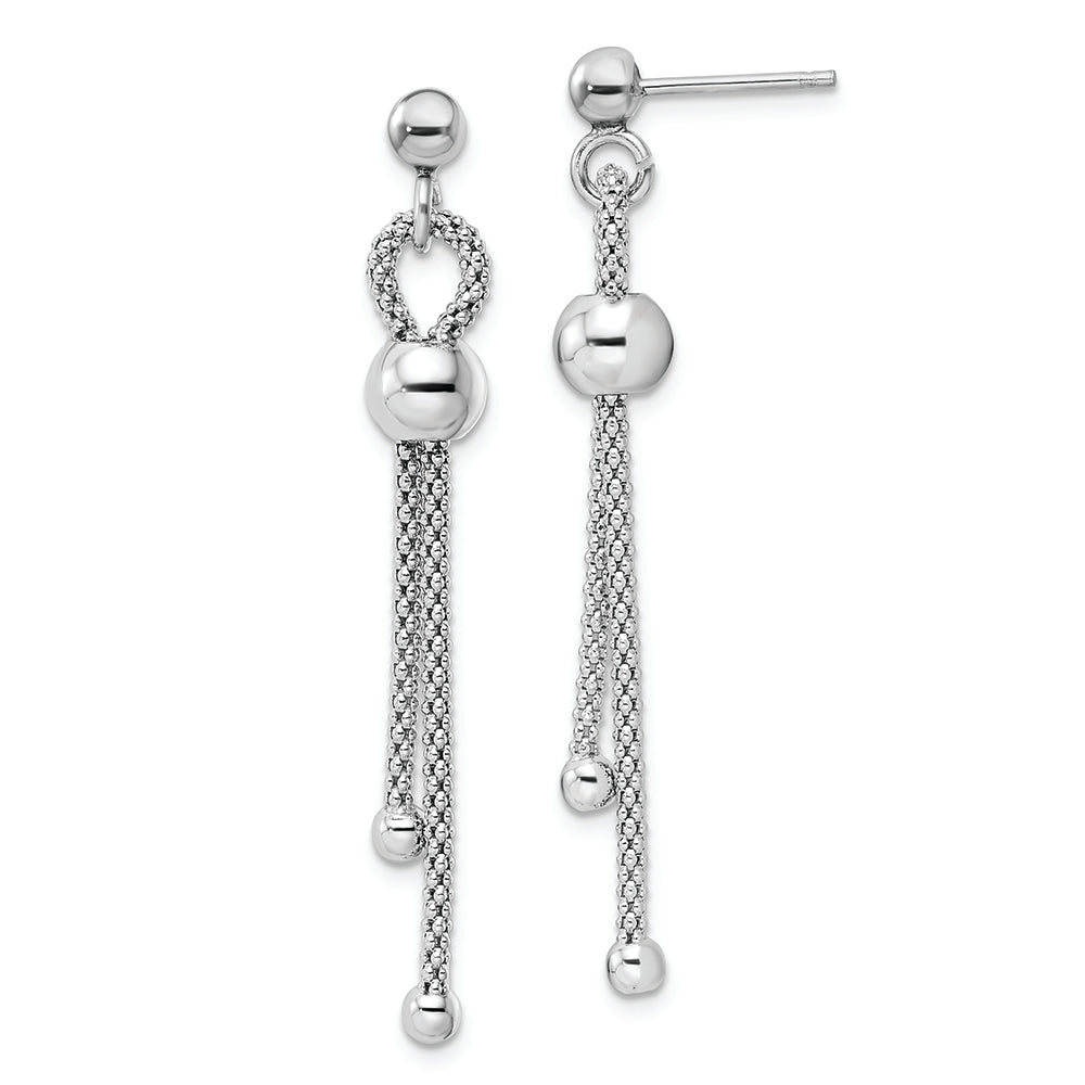 Sterling Silver Rhod-plated Polished Beaded Chain Post Dangle Earrings