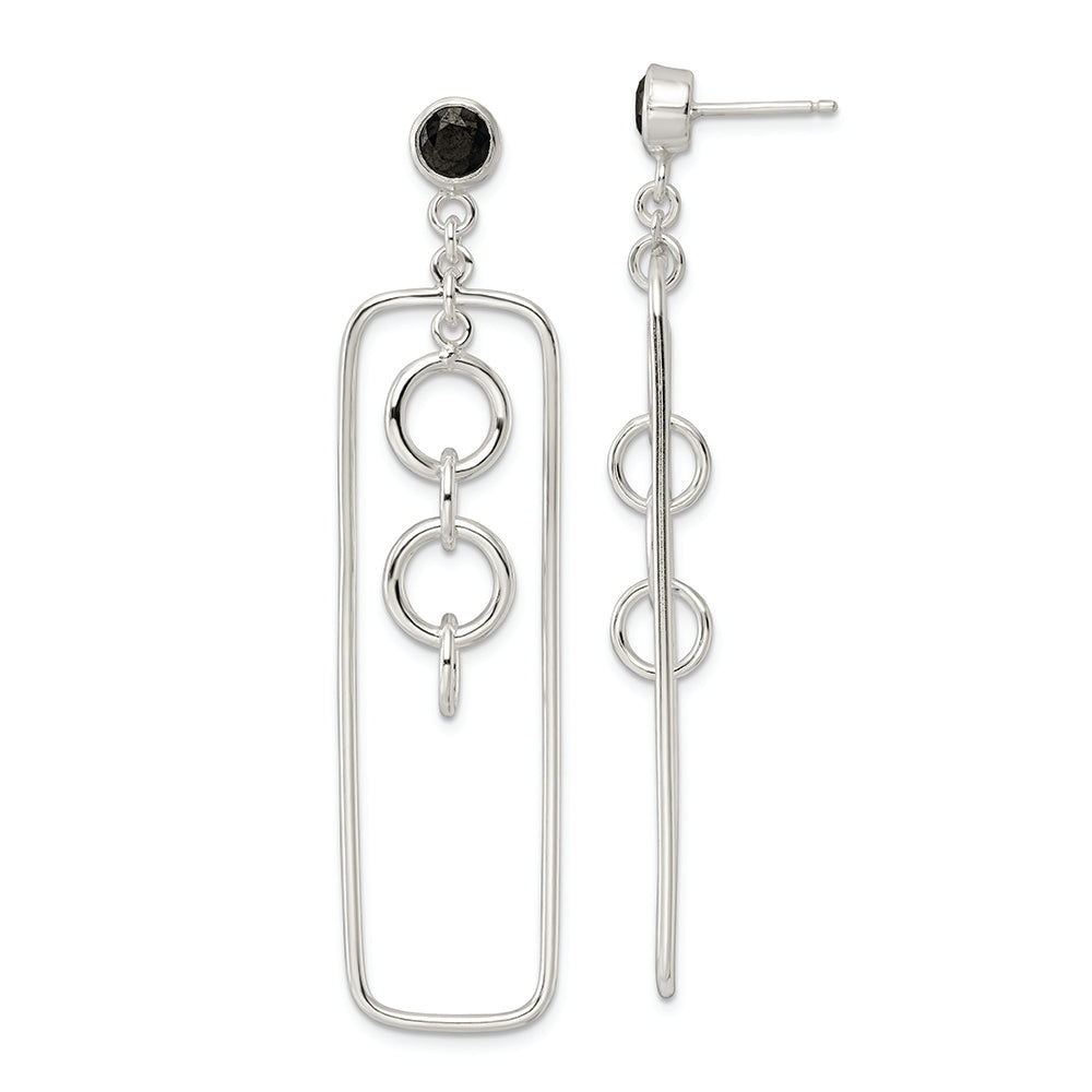 Sterling Silver Black CZ Rectangle and Chain Dangle Post Earrings