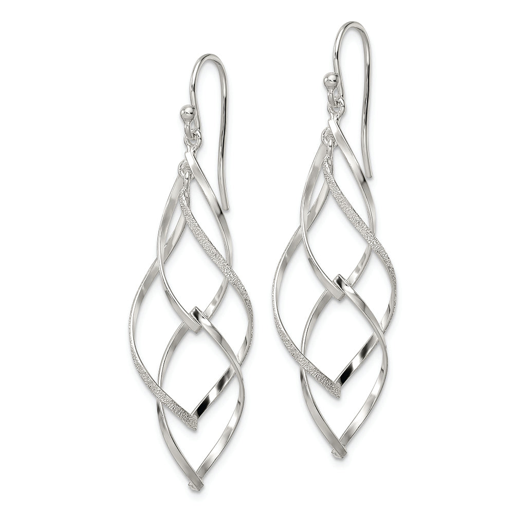 Sterling Silver Polished & Lasered Texture Twisted Dangle Hook Earrings