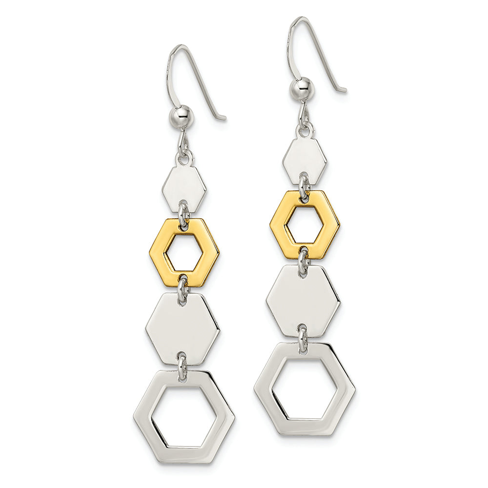 Sterling Silver & Gold-tone Polished Hexagon Dangle Earrings