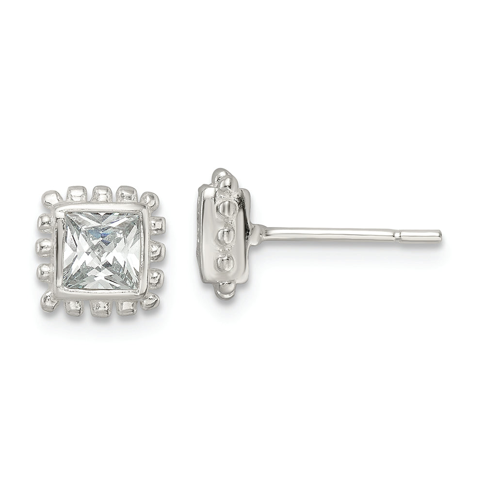 Sterling Silver Polished & Beaded Edge Square CZ Post Earrings