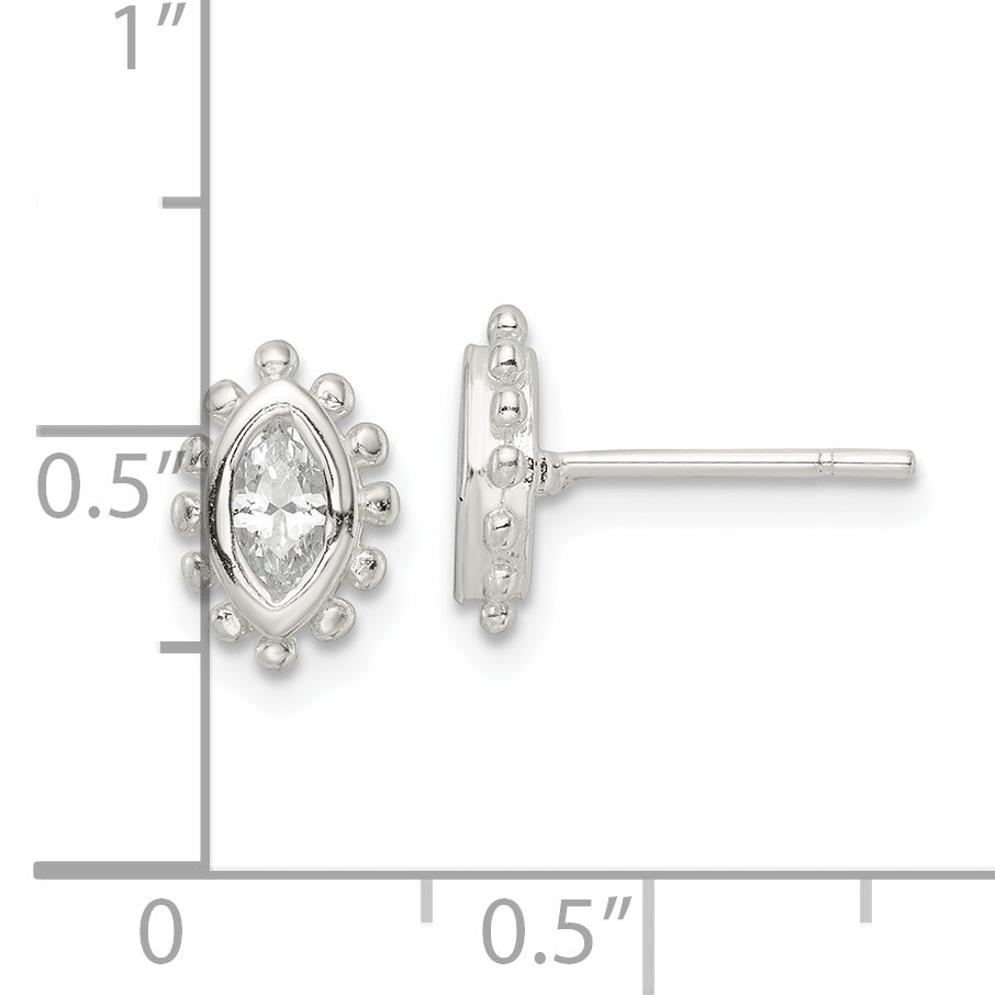 Sterling Silver Polished & Beaded Edge Marquise CZ Post Earrings