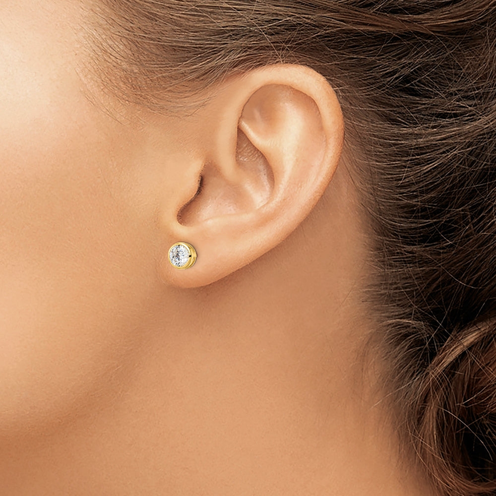 Sterling Silver Gold-tone Polished 6mm Round CZ Bezel Set Stud Earrings