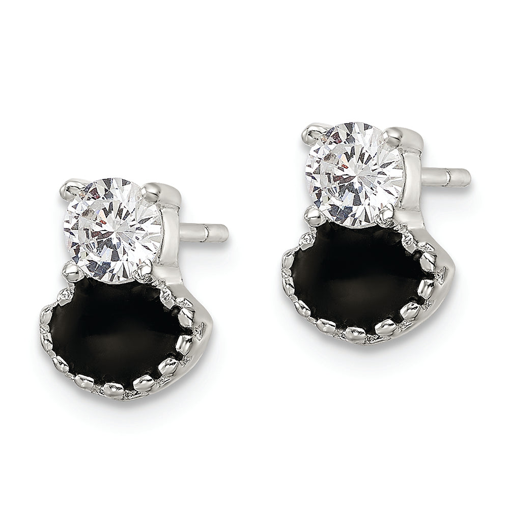 Sterling Silver Polished Black Enamel & CZ Post Earrings