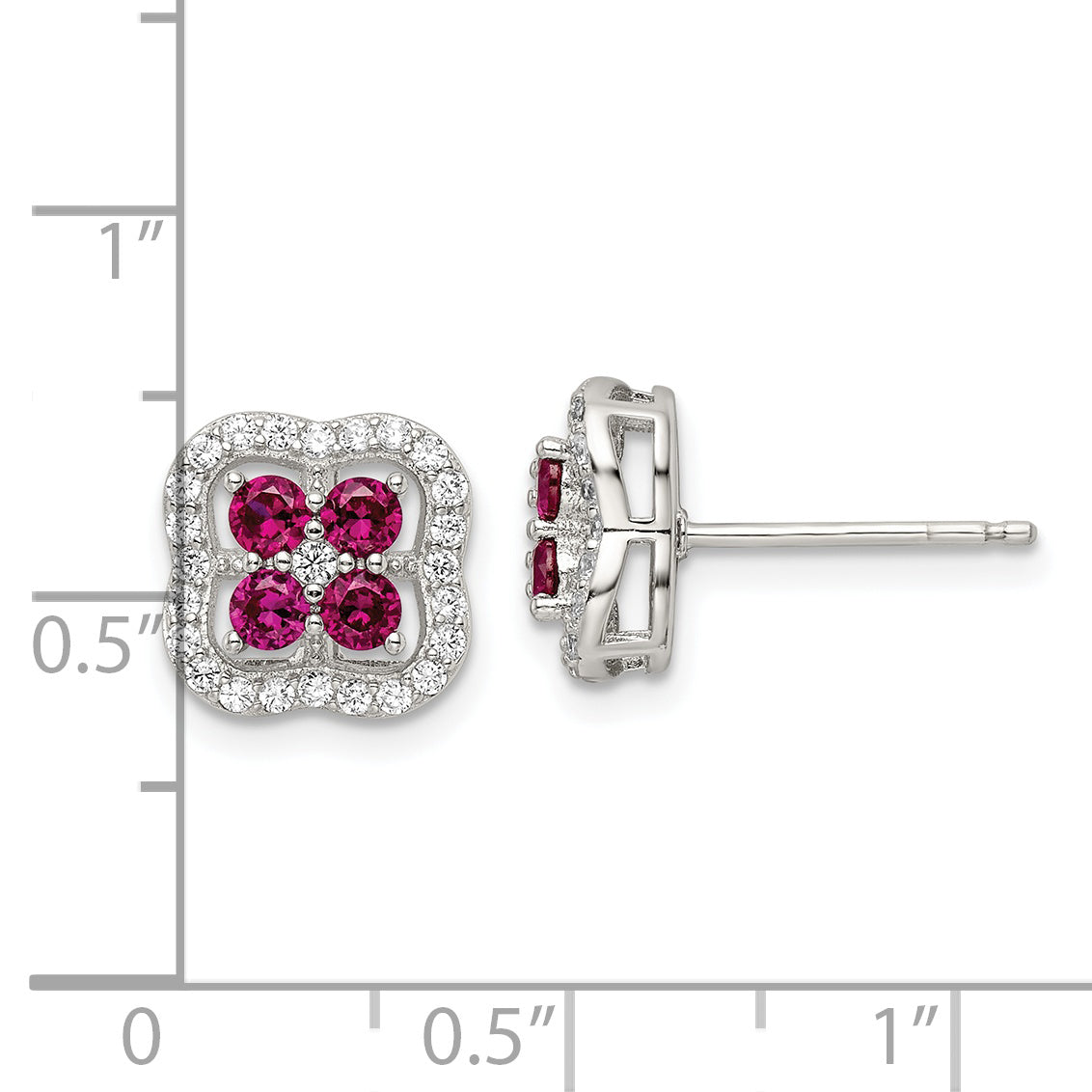Sterling Silver Rhodium-plated Created Ruby and CZ Clover Post Earrings