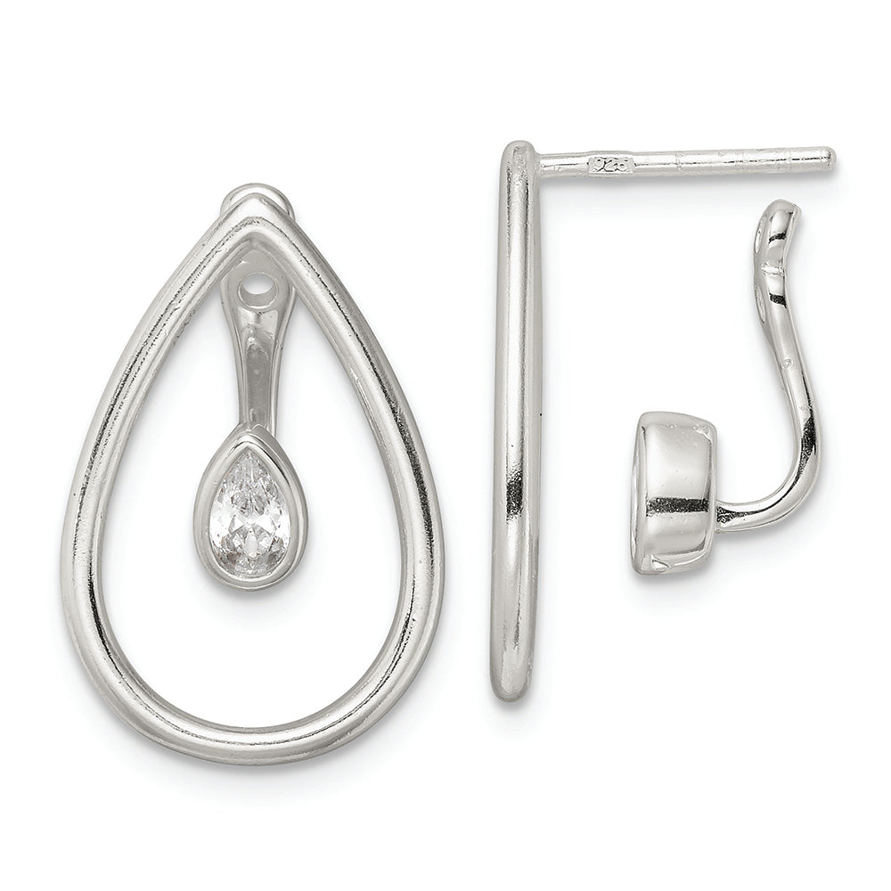 Sterling Silver Polished Teardrop w/Drop and Dangle CZ Threader Post Earrin