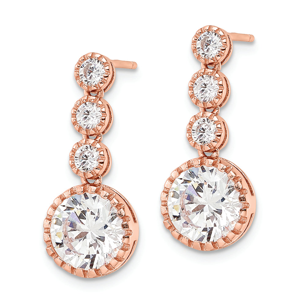 Sterling Silver Rose-tone Polished Round CZ Post Dangle Earrings