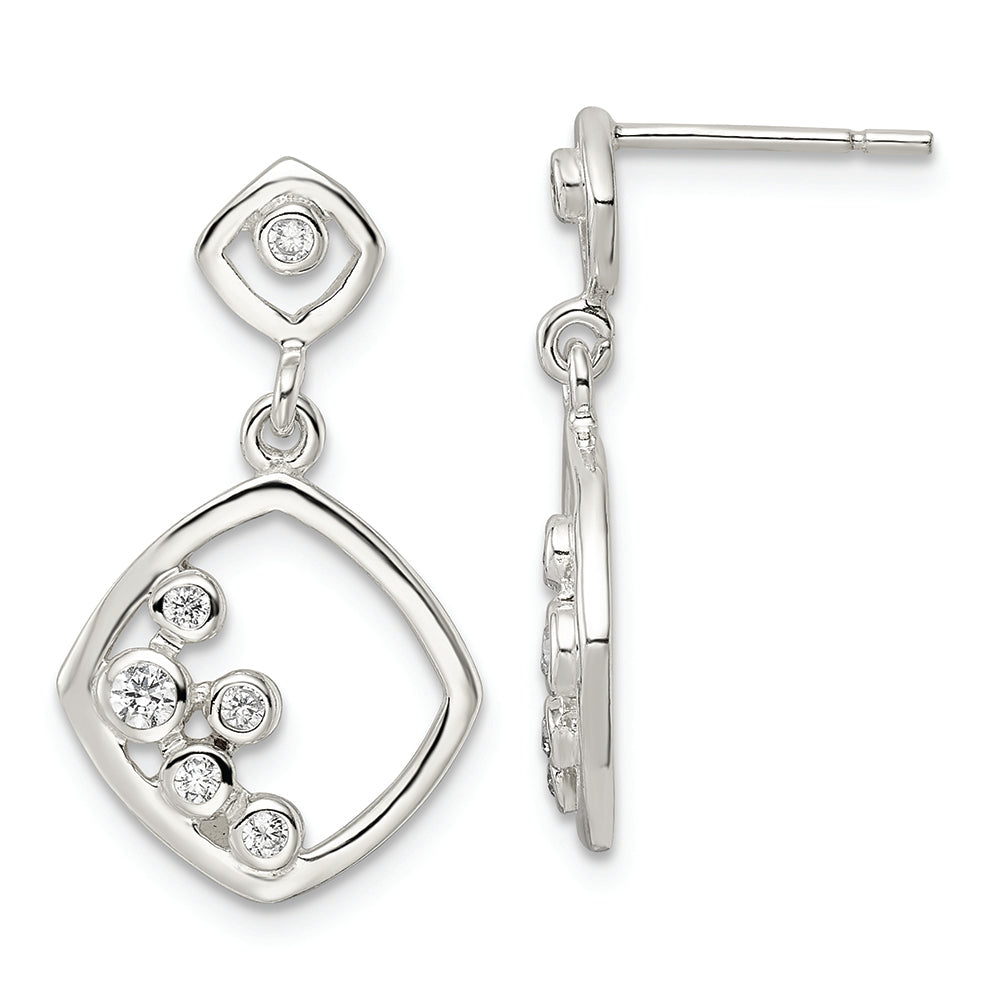 Sterling Silver Polished CZ Square Dangle Post Earrings