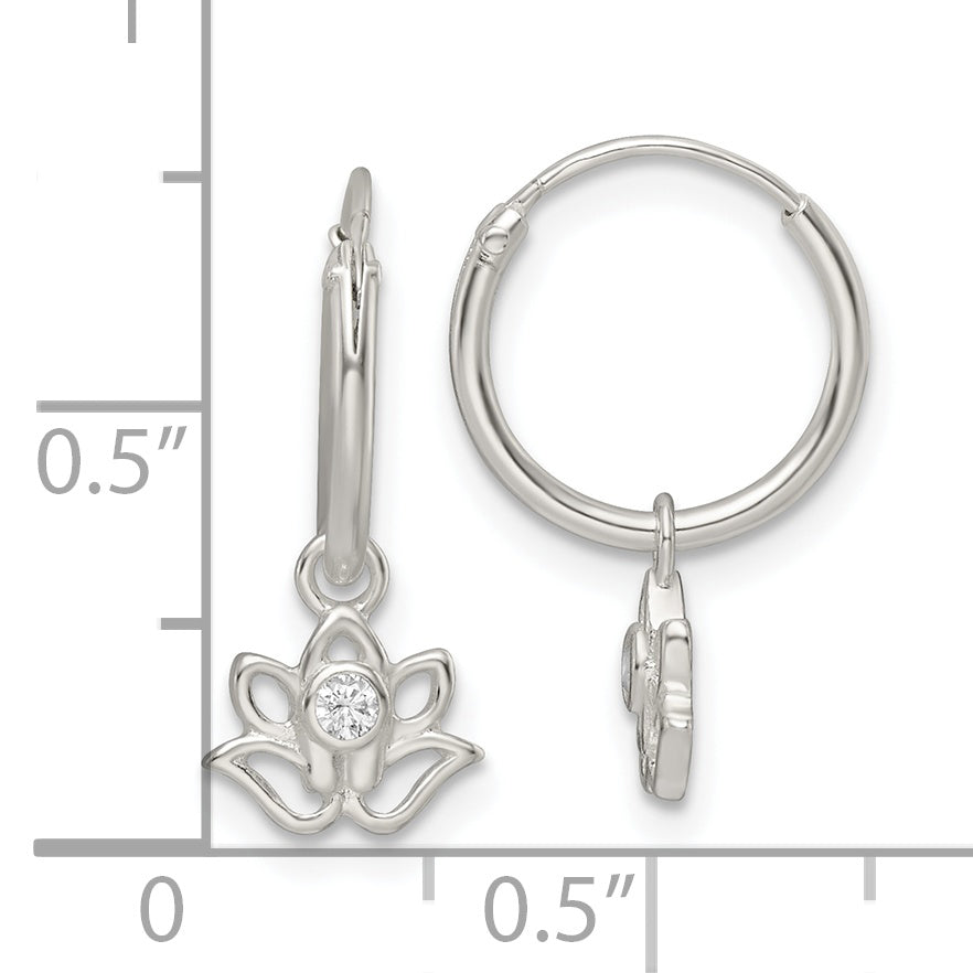 Sterling Silver Polished CZ Dangle Lotus Endless Hoop Earrings