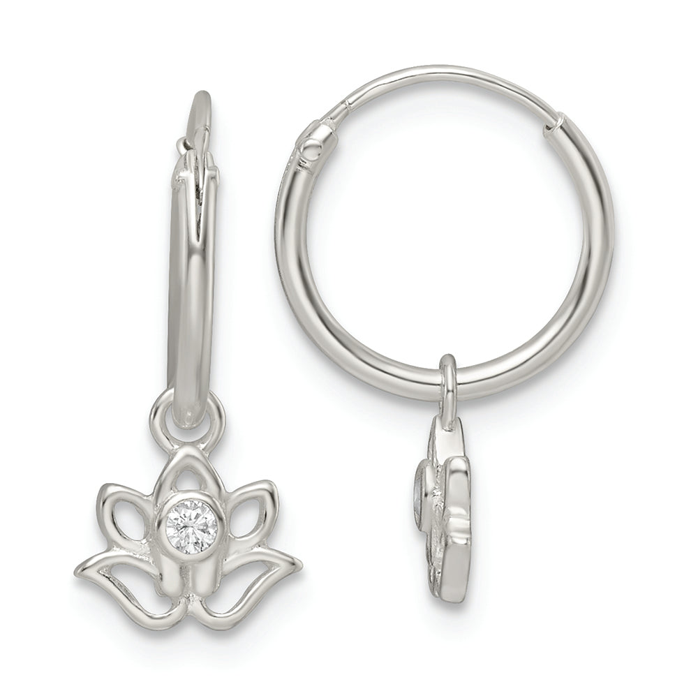 Sterling Silver Polished CZ Dangle Lotus Endless Hoop Earrings