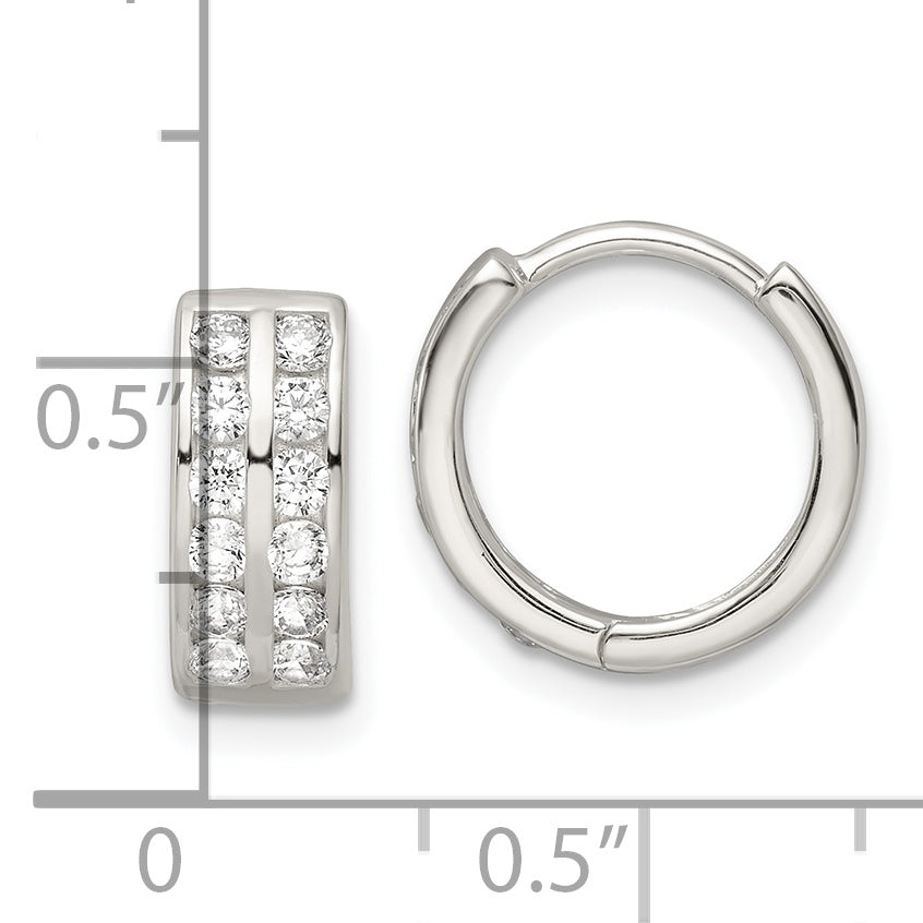 Sterling Silver Polished 2 Row CZ Hinged Hoop Earrings