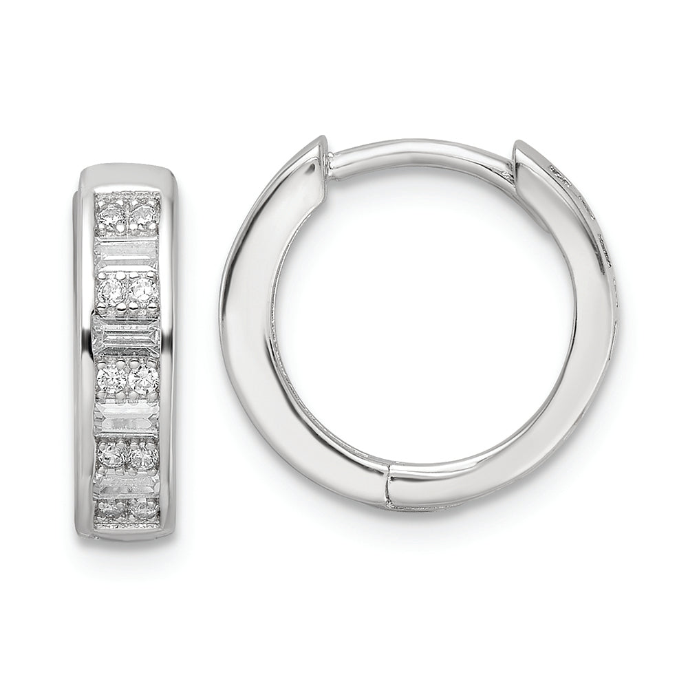 Sterling Silver Polished Rhodium-plated CZ Hinged Hoop Earrings