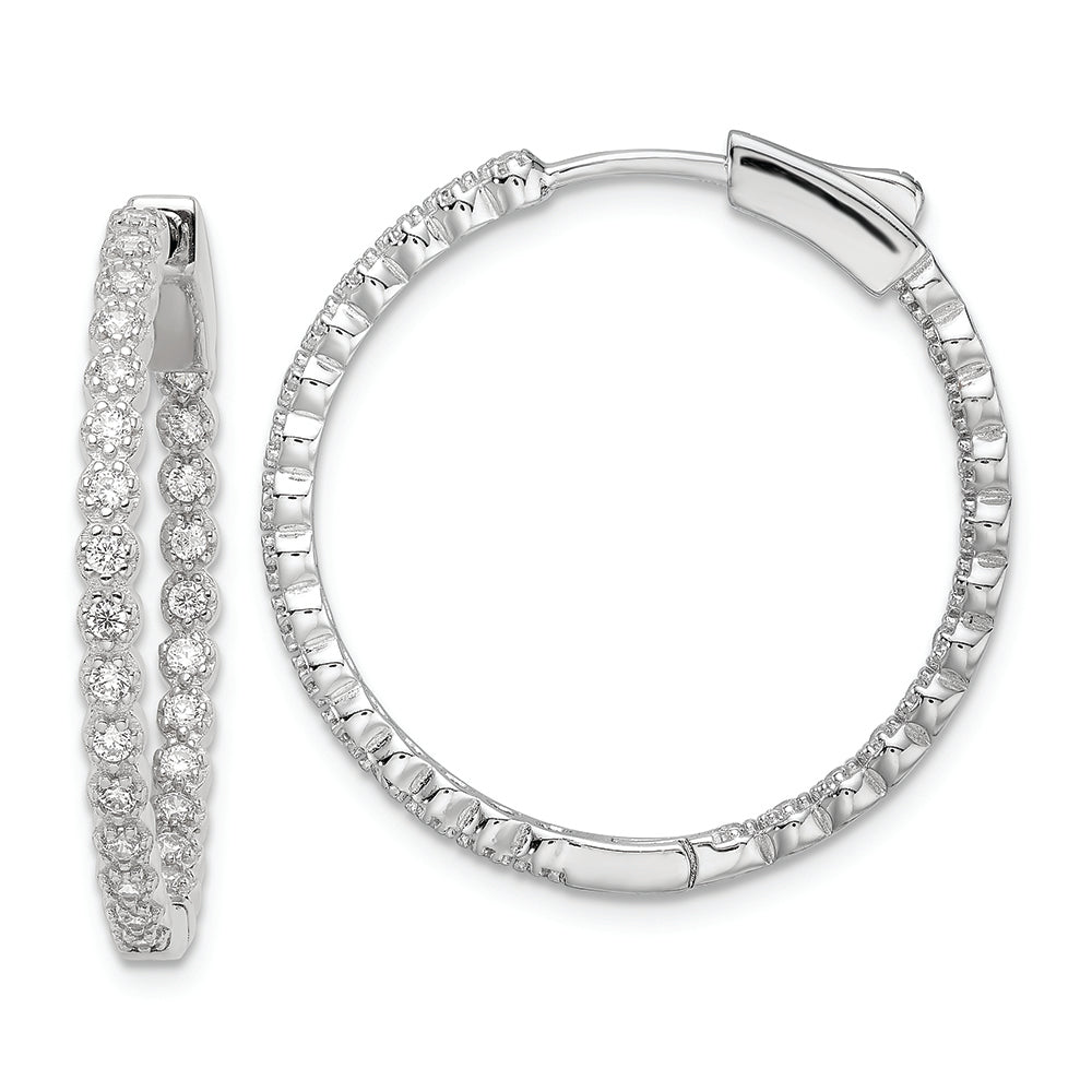 Sterling Silver Polished Rhodium-plated In & Out CZ Hinged Hoop Earrings