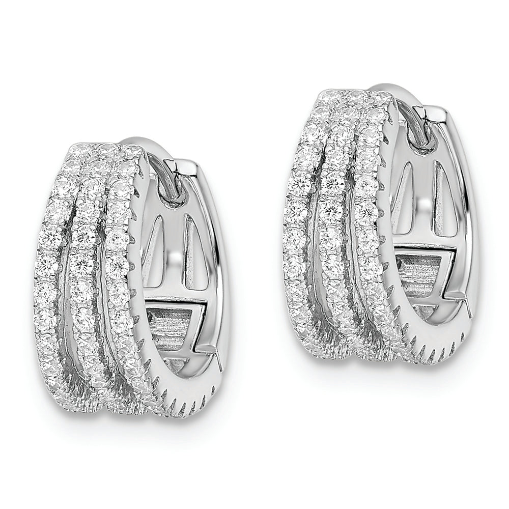 Sterling Silver Rhodium-plated Polished Triple Row CZ Hinged Hoop Earrings