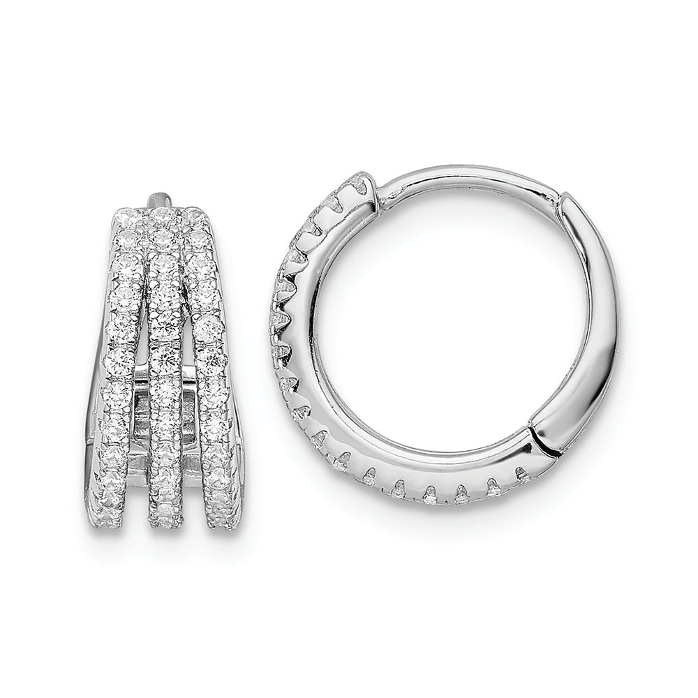 Sterling Silver Rhodium-plated Polished Triple Row CZ Hinged Hoop Earrings
