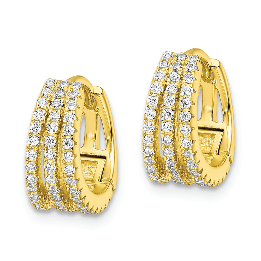 Sterling Silver Gold-tone Polished Triple Row CZ Hinged Hoop Earrings
