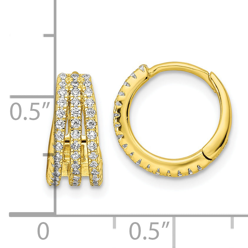 Sterling Silver Gold-tone Polished Triple Row CZ Hinged Hoop Earrings