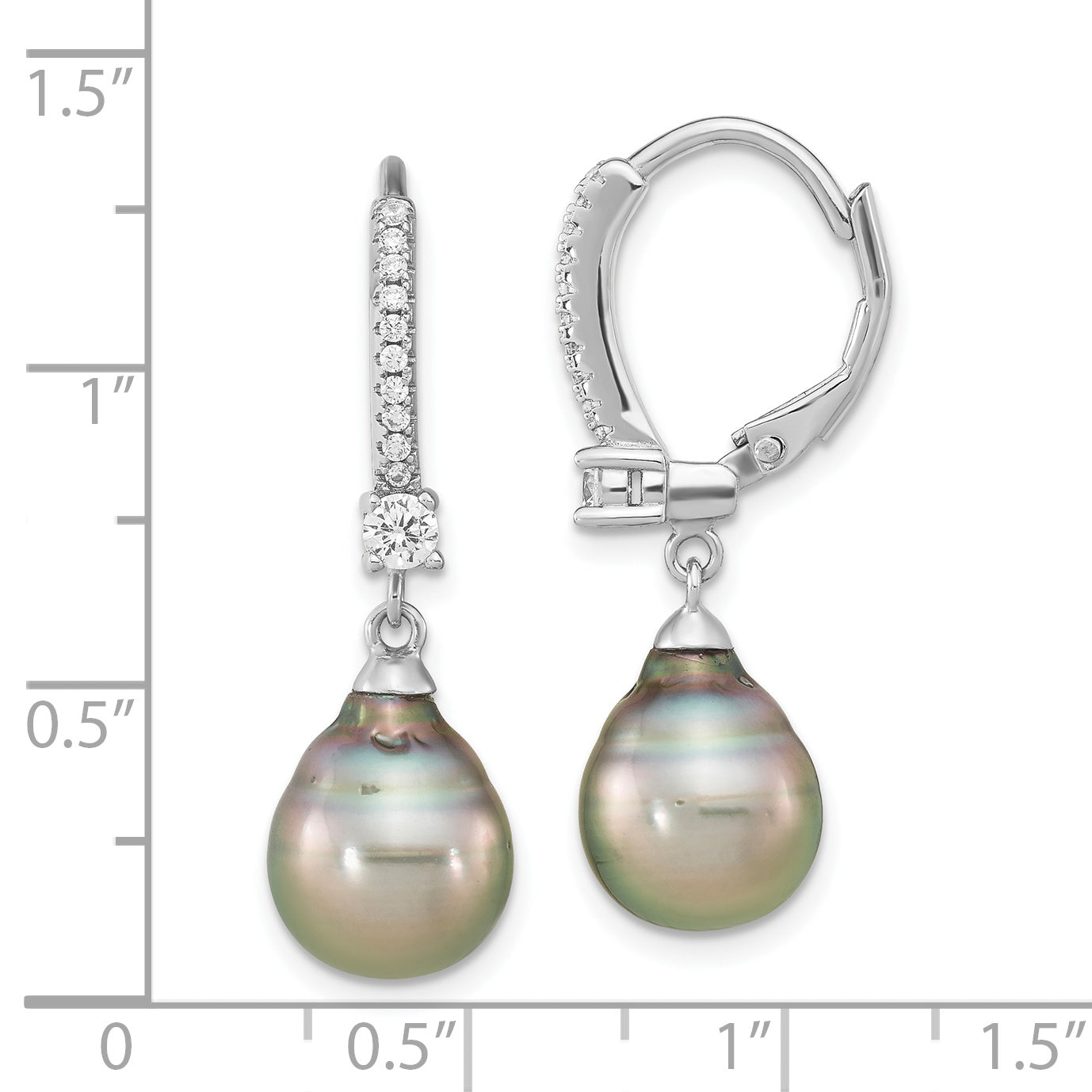 SS RH-plated 9-10mm Tahitian Saltwater Pearl & CZ Leverback Earrings