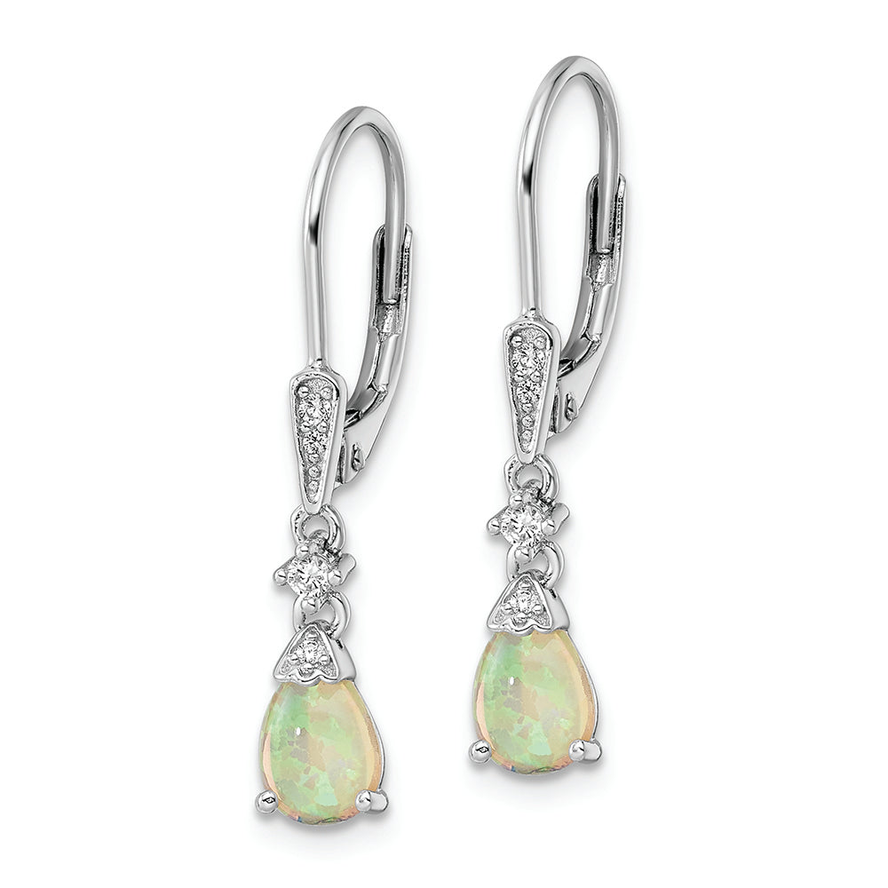 Sterling Silver RH-plated CZ & Created Opal Teardrop Leverback Earrings